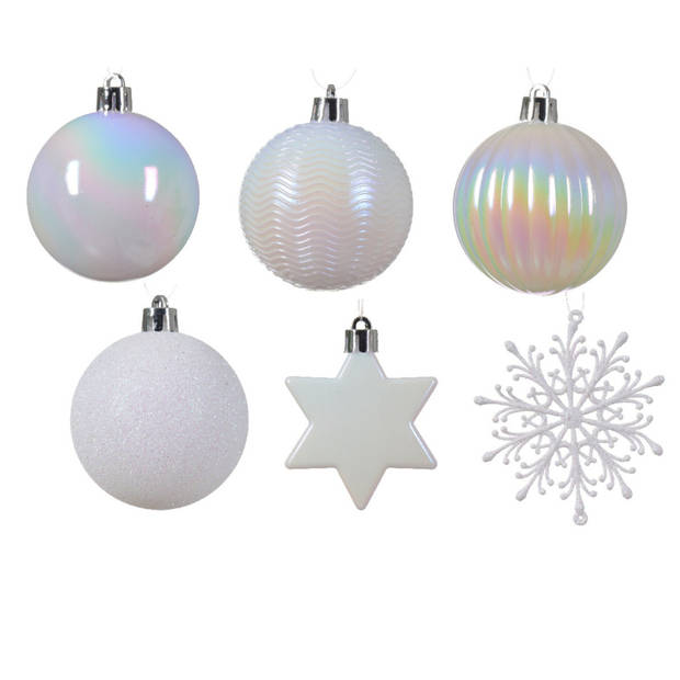 Decoris kerstballen en kersthangers - 40x - kunststof - parelmoer wit - mix - Kerstbal