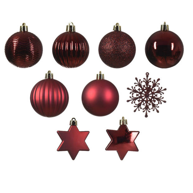 Decoris kerstballen en kersthangers - 40x - kunststof - donkerrood - mix - Kerstbal