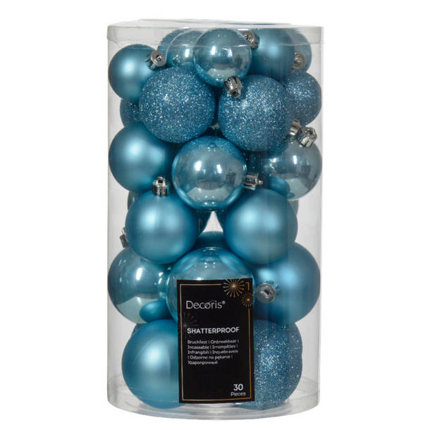 Kerstballen 60x stuks - mix zwart/ijsblauw - 4-5-6 cm - kunststof - Kerstbal