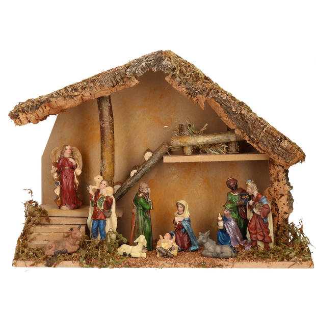 Complete kerststal met kerststal beelden -H28 cm - hout/mos/polyresin - Kerststallen