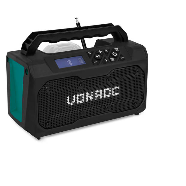 VONROC Accu bouwradio 20V - FM, bluetooth & USB - Bass-reflex poort speakers - Excl. accu en snellader