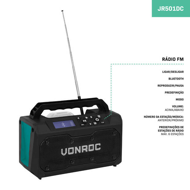 VONROC Accu bouwradio 20V - FM, bluetooth & USB - Bass-reflex poort speakers - Excl. accu en snellader