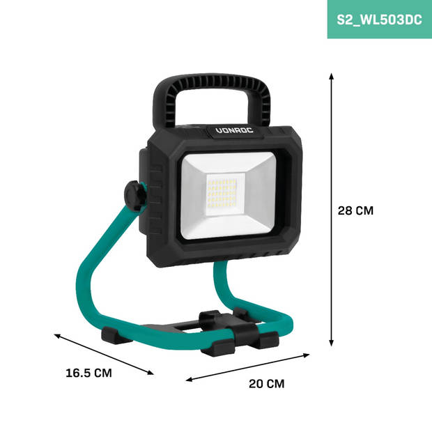 VONROC Accu Bouwlamp 20V - LED - 20W – 2 standen: 900/1800 lumen – kantelbaar – brede stralingshoek - Incl. 2x 2.0Ah acc