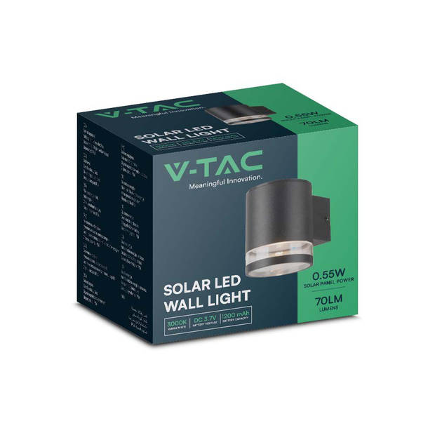 V-TAC VT-1139-B wandlamp op zonne-energie - Zwart - IP54 - 70 Lumen - 3000K