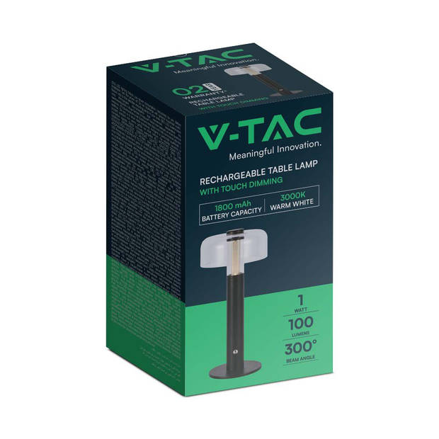 V-TAC VT-1049-B Zwarte oplaadbare tafellamp - IP20 - 1W - 100 Lumen - 3000K