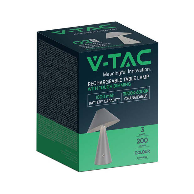 V-TAC VT-1051-G Grijze Oplaadbare tafellamp - IP20 - 3W - 200 Lumen - 3IN1