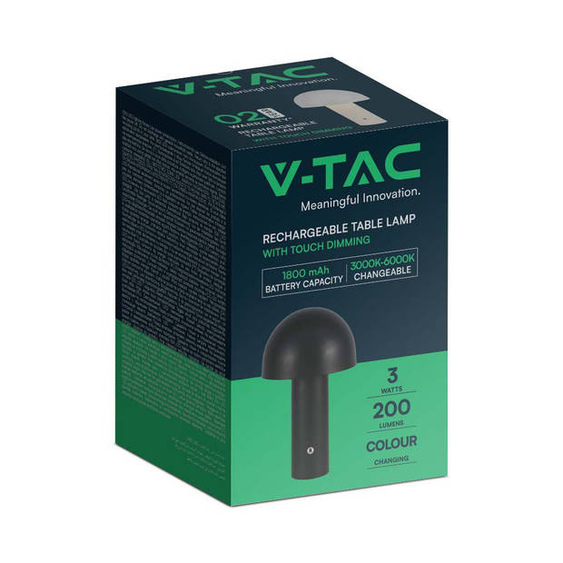 V-TAC VT-1047-B Zwarte oplaadbare tafellamp - IP20 - 3W - 200 Lumen - 3IN1