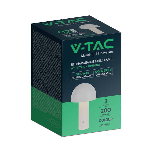 V-TAC VT-1047-W Witte Oplaadbare Tafellampen - IP20 - 3W - 200 Lumen - 3IN1 - Modelnr: - VT-1047-W