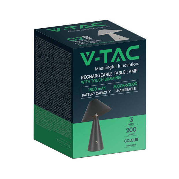 V-TAC VT-1051-B Zwarte oplaadbare tafellamp - IP20 - 3W - 200 Lumen - 3IN1