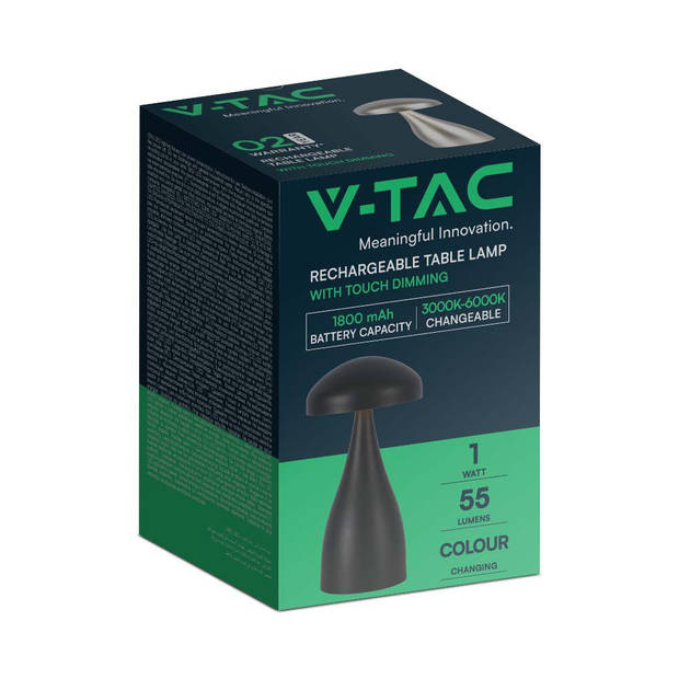 V-TAC VT-1041-B Zwarte oplaadbare tafellamp - IP20 - 1W - 55 Lumen - 3IN1