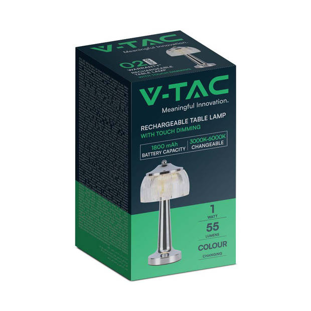 V-TAC VT-1048-C Oplaadbare tafellamp - Chroom - IP20 - 1W - 55 Lumen - 3IN1
