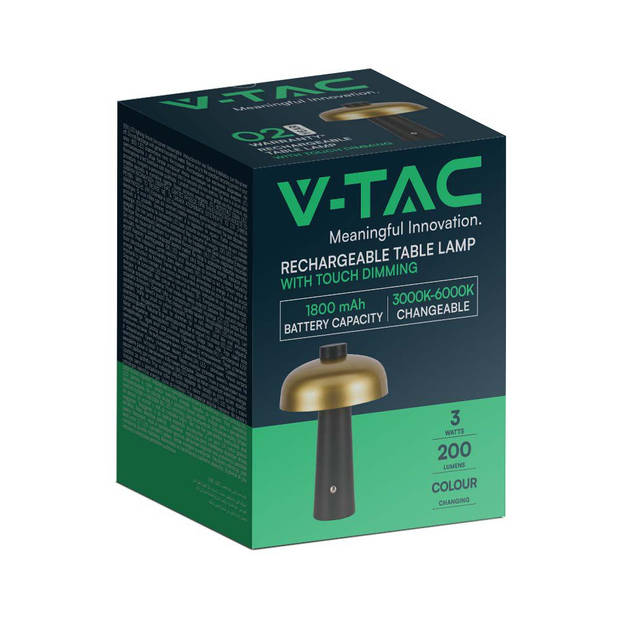V-TAC VT-1050 Oplaadbare tafellamp - Gelakt - Goud+Zwart - IP20 - 3W - 200 Lumen - 3IN1