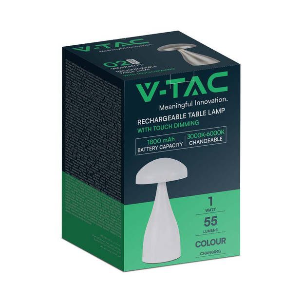 V-TAC VT-1041-W Witte Oplaadbare tafellamp - IP20 - 1W - 55 Lumen - 3IN1