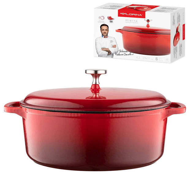 Florina professionele gietijzeren braadpan emaille 34 x 29 x 11 cm 4.5L kersen rood