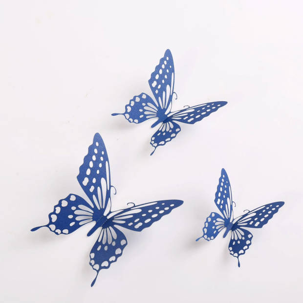 Cake topper decoratie vlinders of muur decoratie met plakkers 12 stuks blauw - 3D vlinders - VL-04