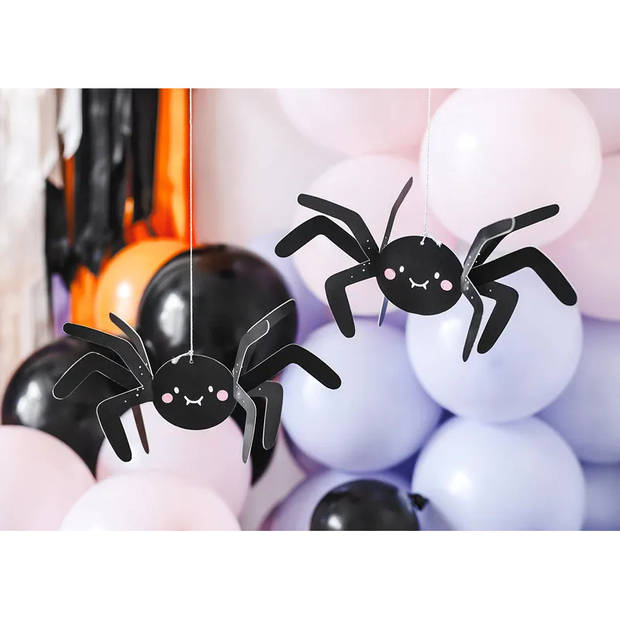 PartyDeco Halloween thema hangende spinnen - 5x - zwart - papier - 27 cm - Hangdecoratie