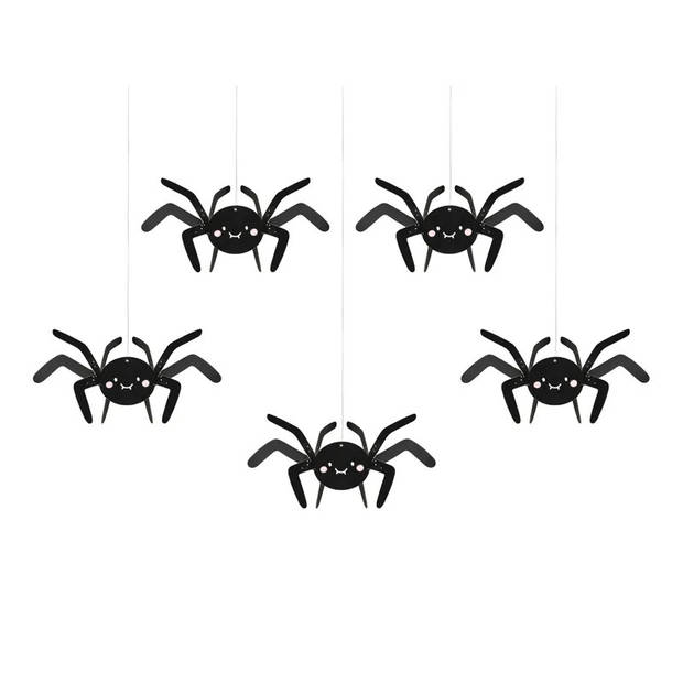 PartyDeco Halloween thema hangende spinnen - 5x - zwart - papier - 27 cm - Hangdecoratie