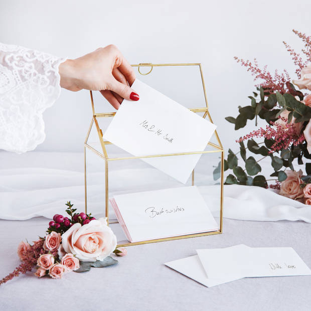 Enveloppendoos goud huisje - bruiloft - goud - glas/metaal - 13 x 21 cm - Feestdecoratievoorwerp