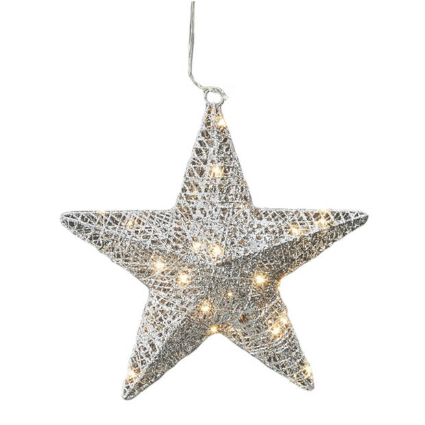 Set van 2x stuks zilveren ster met 30 warm witte LED lampjes 30 cm - Kerststerren