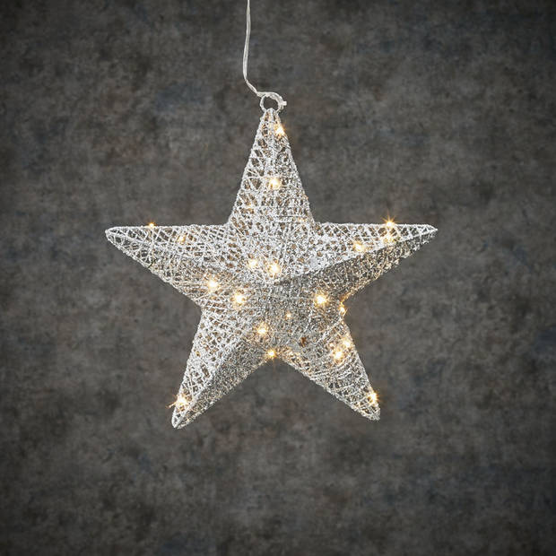 Zilveren ster met 30 warm witte LED lampjes 30 cm - Kerststerren