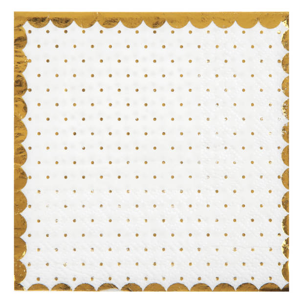 Santex feest servetten - stippen - 100x stuks - 25 x 25 cm - papier - wit/goud - Feestservetten