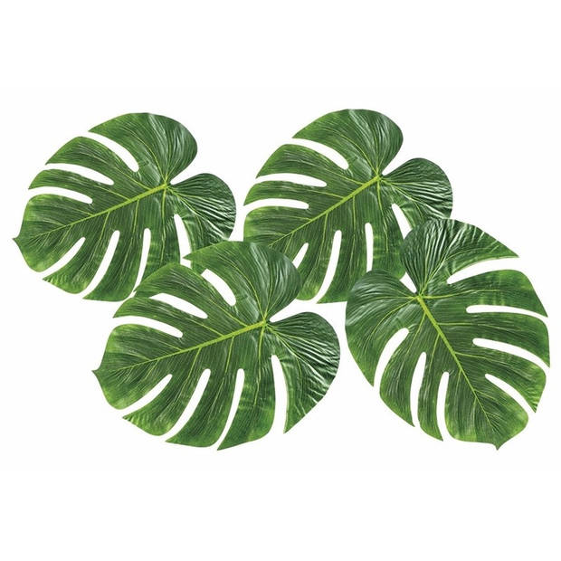Hawaii/zomerse decoratie monstera palm bladeren set van 4x stuks - 15 x 35 cm per blad - Feestdecoratievoorwerp
