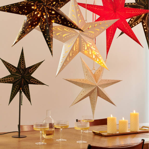 Decoris verlichte kerstster - 2x - zwart - 60 cm - papier - Kerststerren