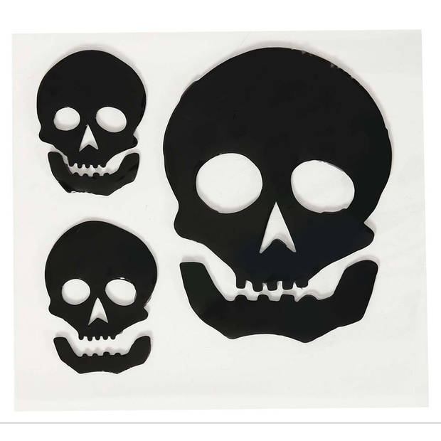 Horror gel raamstickers doodskoppen - 20 x 20 cm - zwart - Halloween thema decoratie/versiering - Feeststickers