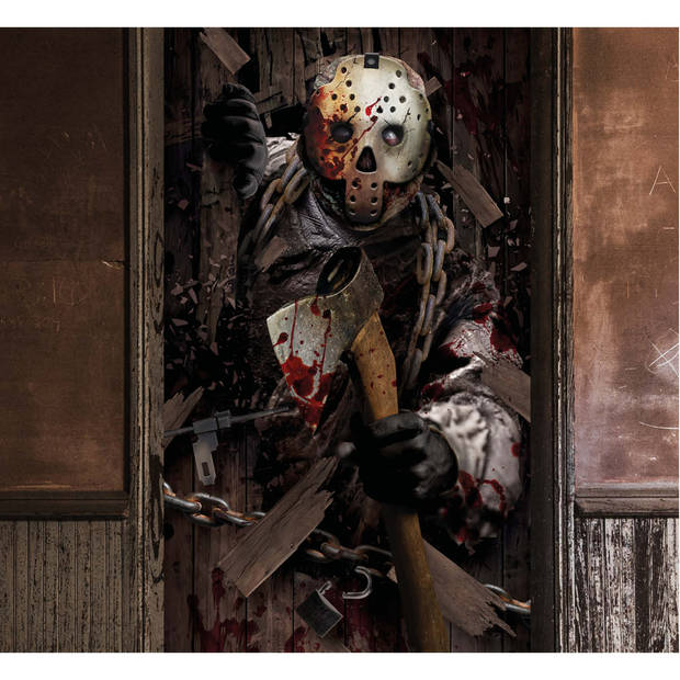 Fiestas Horror deur scenesetter/deurposter - moordenaar met bijl - Halloween thema versiering - 180 x 80 cm - Feestdeurd