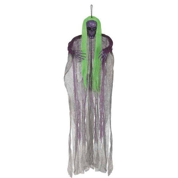 Halloween/horror thema hang decoratie Skelet/Heks - lichtgevend haar - griezel pop - 120 cm - Feestdecoratievoorwerp