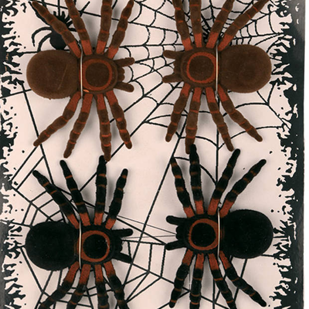 Faram nep spinnen/spinnetjes 8 cm - zwart/bruin - 4x stuks - Horror/griezel decoratie beestjes - Feestdecoratievoorwerp