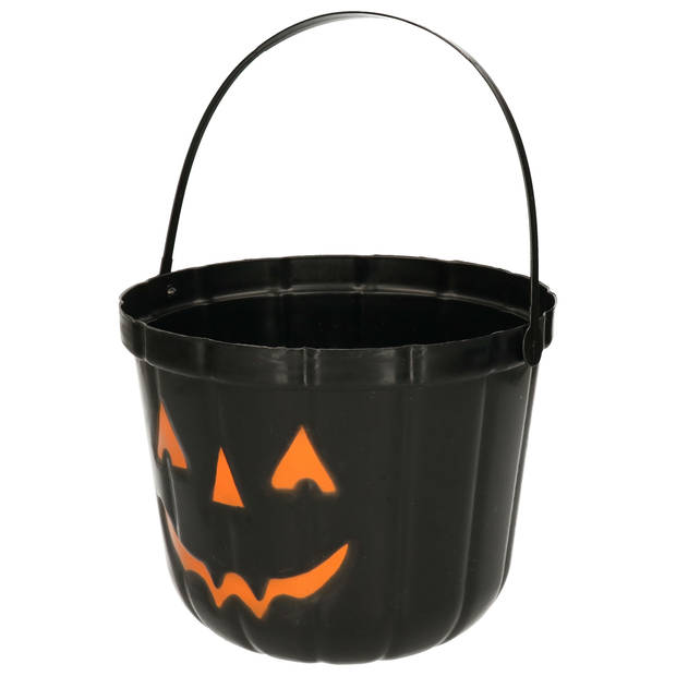 Trick or treat snoep emmertje - pompoen - zwart - D20 cm - Feestdecoratievoorwerp