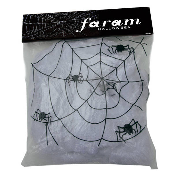 Faram Decoratie spinnenweb/spinrag met spinnen - 100 gram - wit - Halloween/horror versiering - Feestdecoratievoorwerp