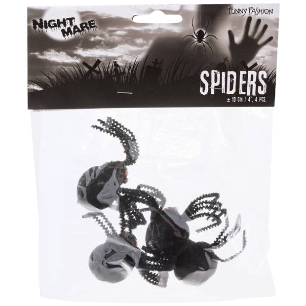 Enge Halloween nep/namaak spinnen - set 4x stuks - zwart - plastic - insecten/dieren - Feestdecoratievoorwerp