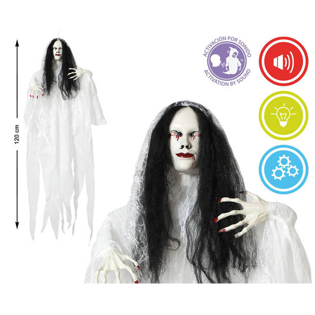 Halloween/horror thema hang decoratie Geest/Spook - met LED licht en geluid - griezel pop - 120 cm - Feestdecoratievoorw