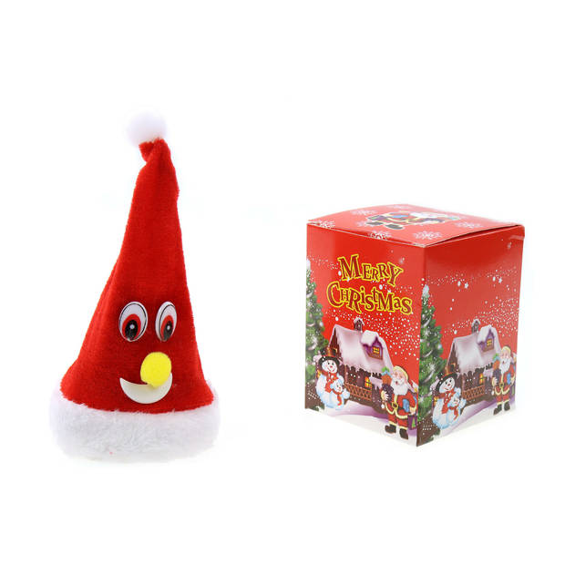 Zingende en dansende kerstmuts - figuur - rood - H16 cm - met licht - Kerstman pop