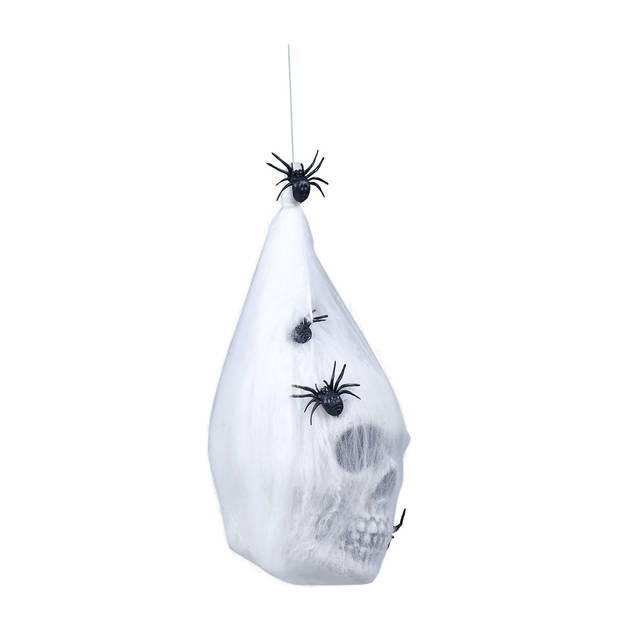 Fiestas Horror/halloween decoratie doodskop in web- hangend - 25 cm - Halloween poppen