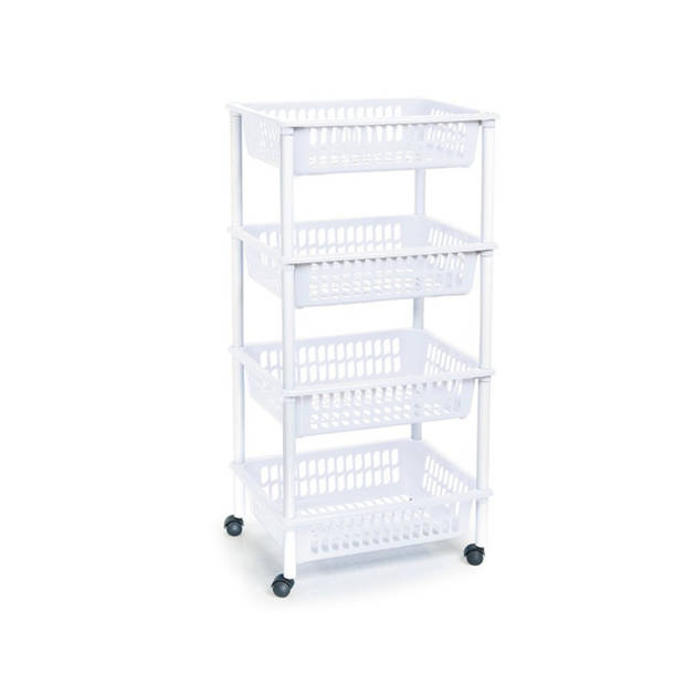 Woondecoratie karretjes/trolleys met 4 witte opbergmanden 85 cm - Opberg trolley