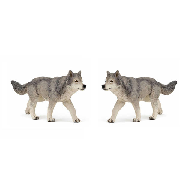 Set van 2x stuks plastic speelgoed figuur grijze wolf/wolven 12 cm - Speelfiguren