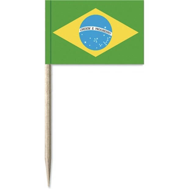 100x Vlaggetjes prikkers Brazilie 8 cm hout/papier - Cocktailprikkers