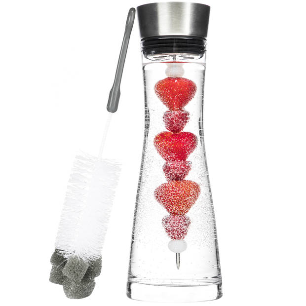 Glazen karaf/schenkkan met RVS fruitspies en speciale afwasborstel 1 liter - Schenkkannen