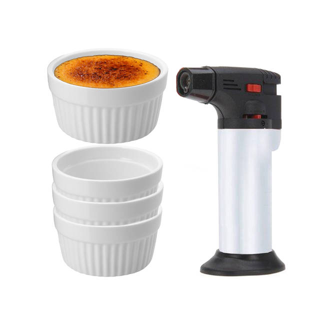 5-Delige creme brulee set met witte schaaltjes en een zilveren brander - Serveerschalen