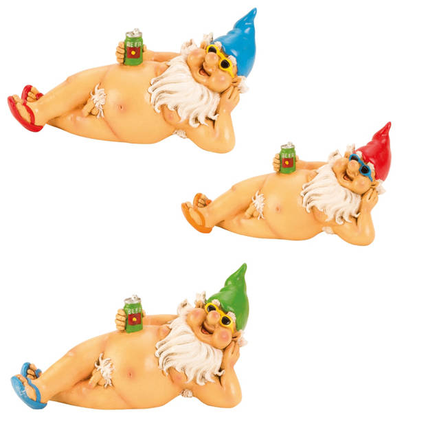 Tuinkabouter beeld Happy Nudist - Polystone - Naakt met pils liggend - 26 cm - Tuinbeelden