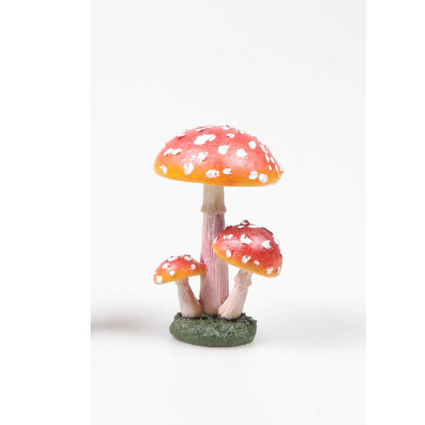 Decoratie huis/tuin beeldje paddenstoelen - lage hoed - vliegenzwammen - rood/wit - 10 cm - Tuinbeelden