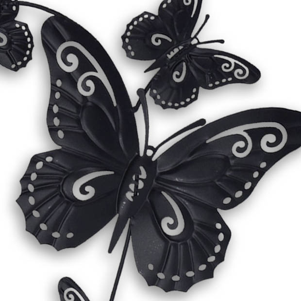 Pro Garden tuin/wand decoratie vlinders - 2x - metaal - zwart - 30 x 65 cm - Tuinbeelden