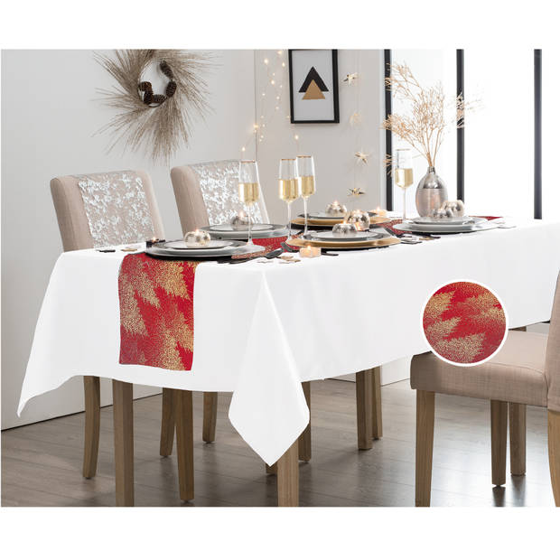 Wit tafelkleed 138 x 220 cm - met tafelloper rood/goud 28 x 300 cm - Feesttafelkleden