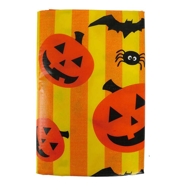 Halloween/horror thema feest tafelkleed - pompoenen/vleermuizen - geel - PVC - 130 x 175 cm - Feesttafelkleden