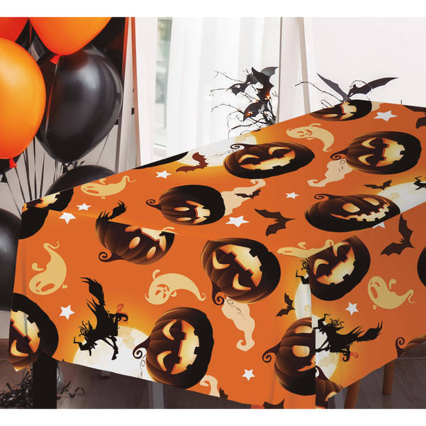 Halloween/horror thema feest tafelkleed - creepy pompoenen - oranje - plastic - 137 x 274 cm - Feesttafelkleden