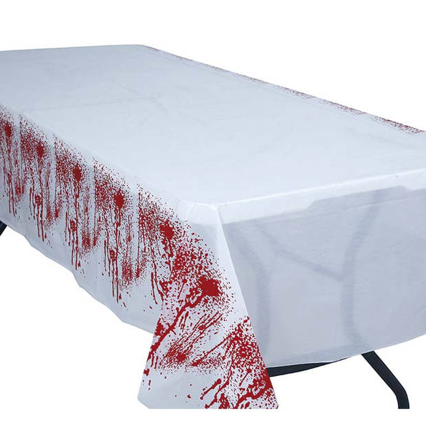 Halloween/horror thema feest tafelkleed - bloedspetters - rood/wit - plastic - 137 x 277 cm - Feesttafelkleden