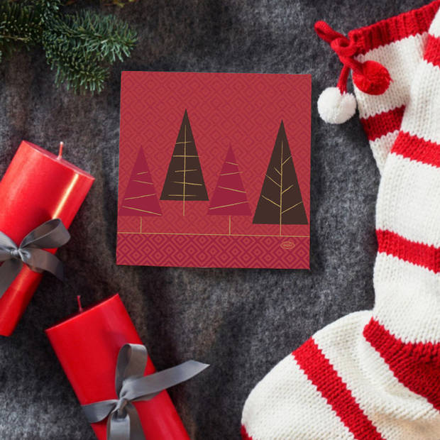 Duni kerst thema servetten - 20x st - 33 x 33 cm - rood met kerstbomen - Feestservetten